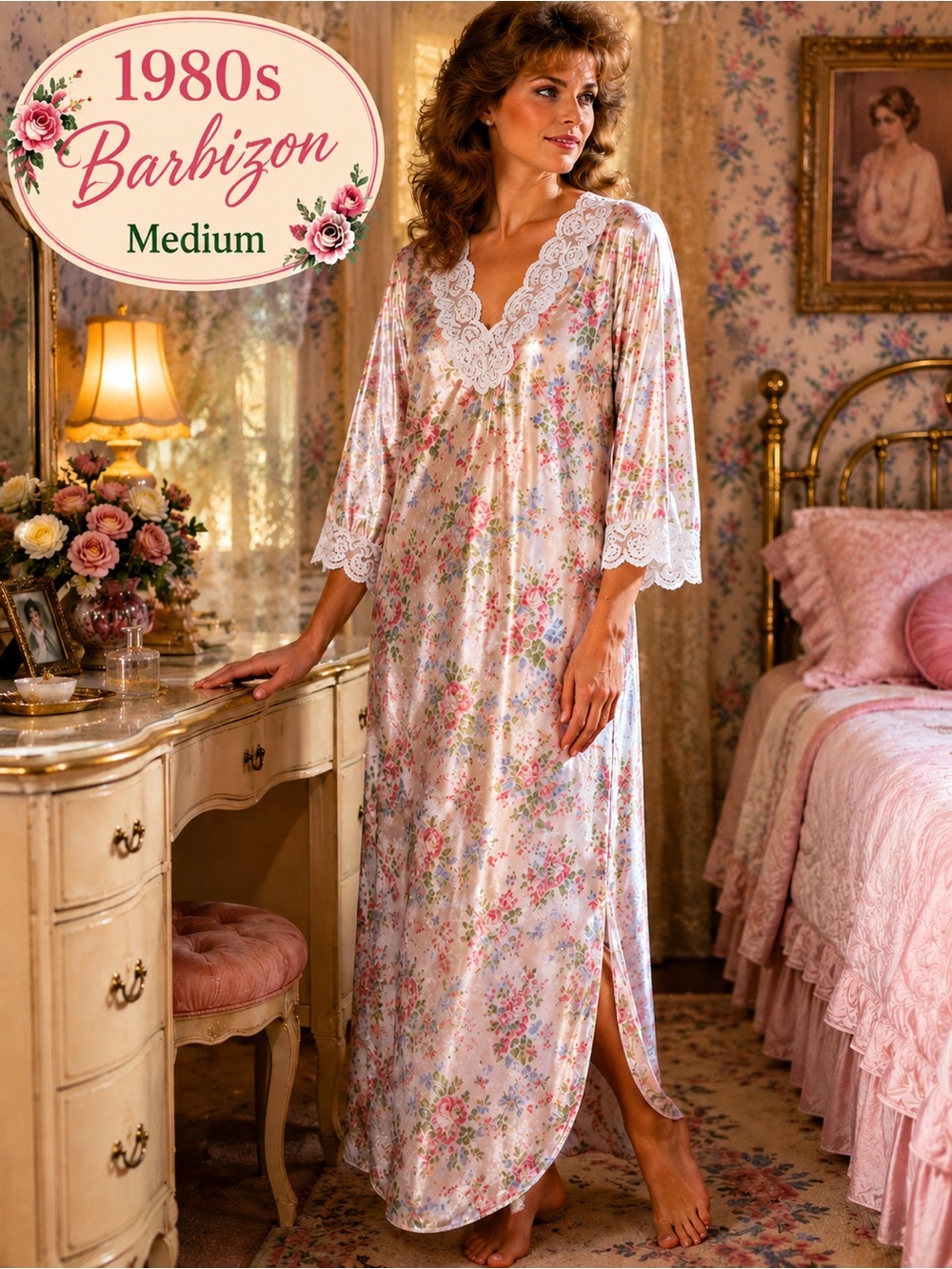 Vintage 1980s Barbizon Floral Granny Gown Medium